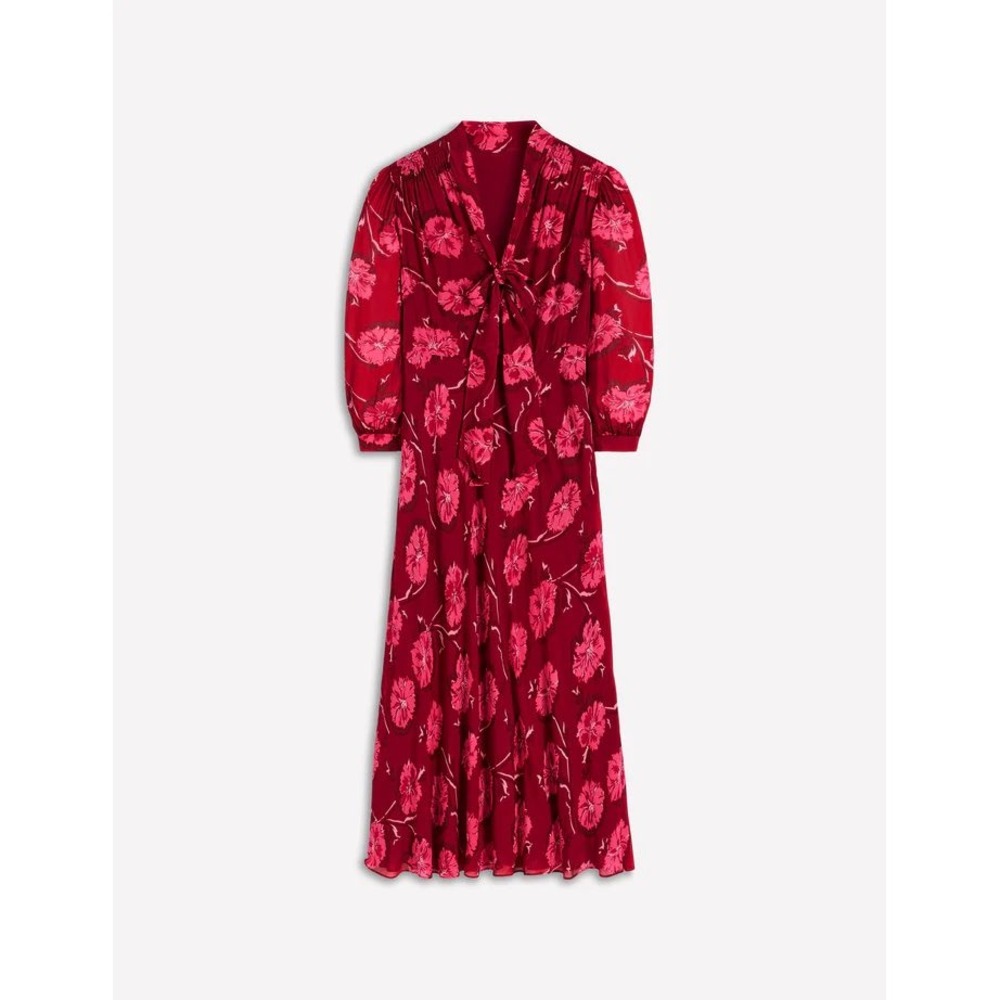 BODEN Brooke Tie Neck Tea Dress Cranberry Red, Delicate Vine Size 12R New W/ Tag - Picture 3 of 7